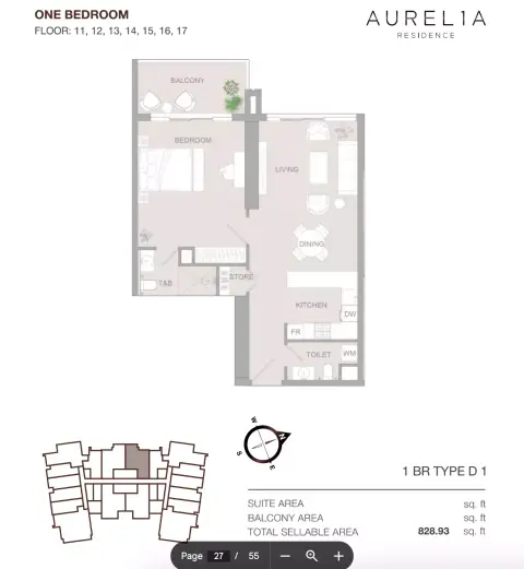 Plattegrond van 1 slaapkamer in Aurel1A Residence