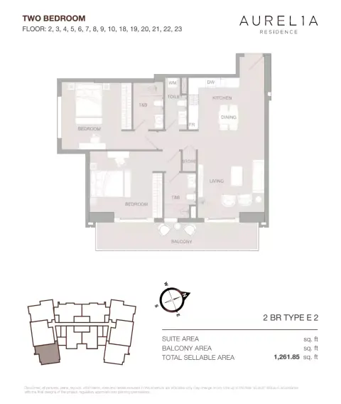 Plattegrond van 2 slaapkamers in Aurel1A Residence