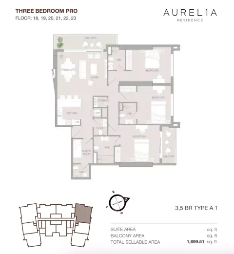 Plattegrond van 3 slaapkamers in Aurel1A Residence
