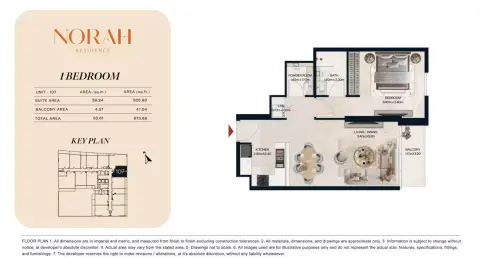 Plattegrond van 1 slaapkamer in Norah Residence