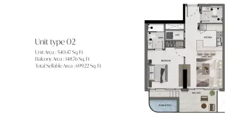 Plattegrond van 1 slaapkamer in Avana Residences