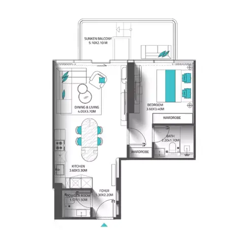 Plattegrond van 1 slaapkamer in Reef 998