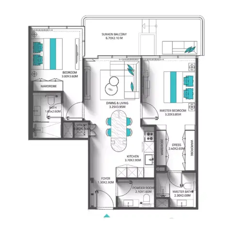 Plattegrond van 2 slaapkamers in Reef 998