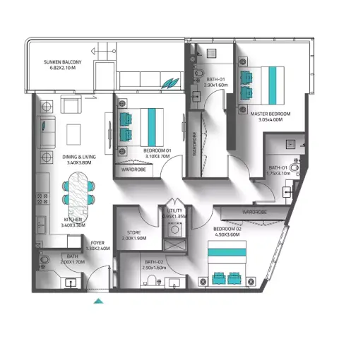 Plattegrond van 3 slaapkamers in Reef 998