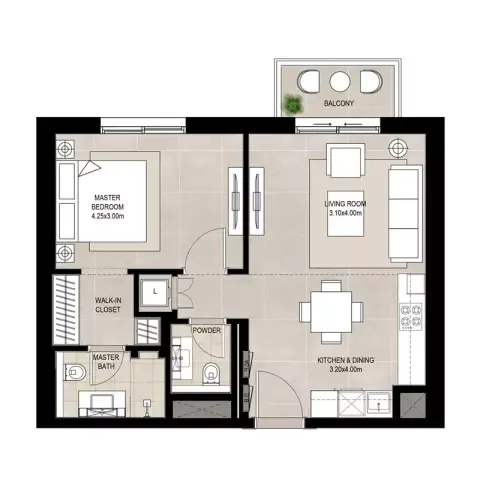 Plattegrond van 1 slaapkamer in Olbia