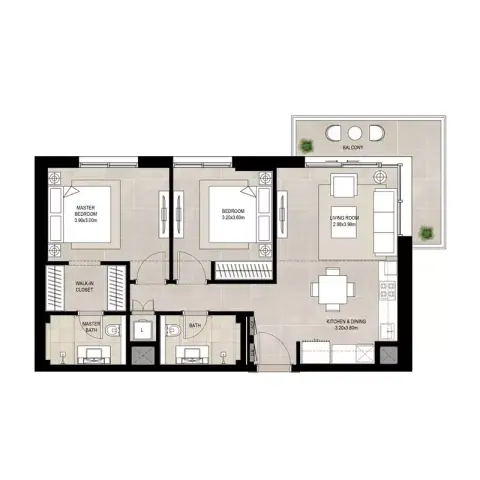 Plattegrond van 2 slaapkamers in Olbia