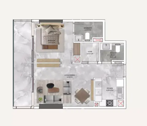 Plattegrond van 1 slaapkamer in California Residences