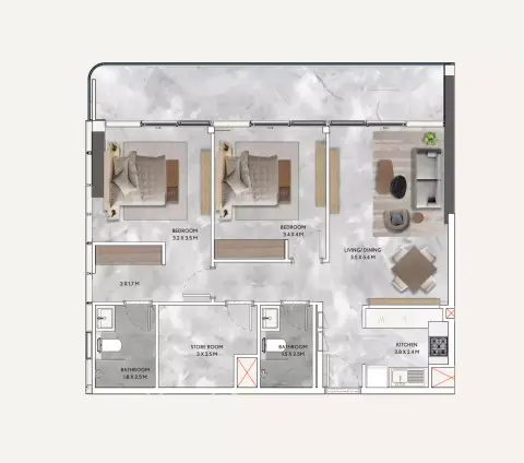 Plattegrond van 2 slaapkamers in California Residences