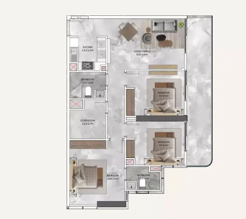 Plattegrond van 3 slaapkamers in California Residences