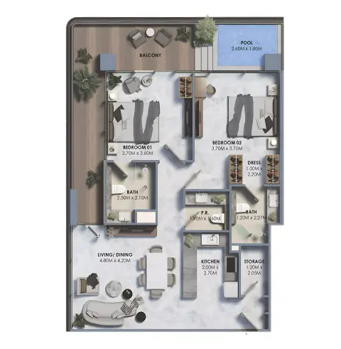 Plattegrond van 2 slaapkamers in Marquis Vista