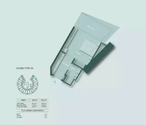 Plattegrond van Studio in Binghatti Circle
