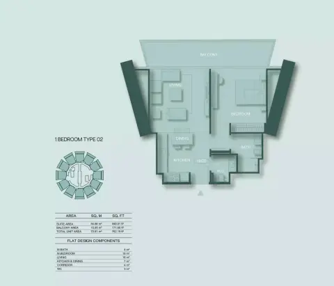 Plattegrond van 1 slaapkamer in Binghatti Circle