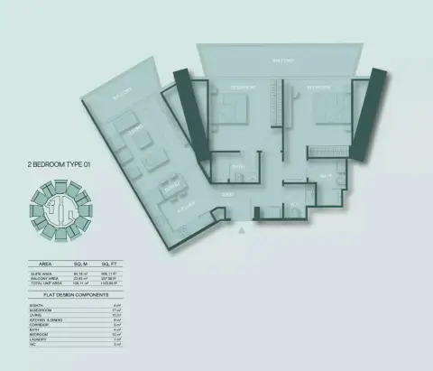 Plattegrond van 2 slaapkamers in Binghatti Circle