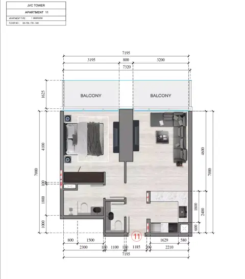 Plattegrond van 1 slaapkamer in Auresta Tower
