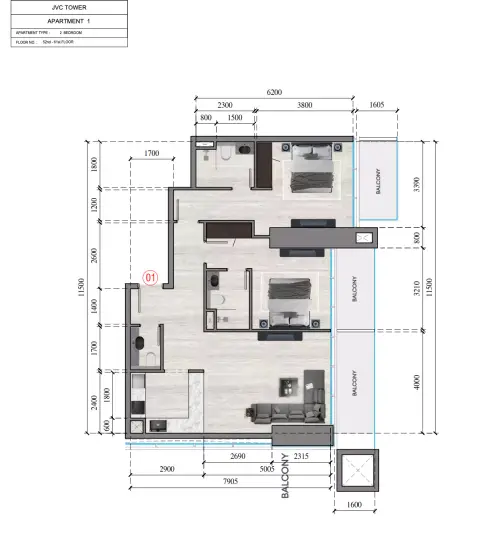 Plattegrond van 2 slaapkamers in Auresta Tower