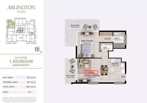 Plattegrond van 1 slaapkamer in Arlington Park