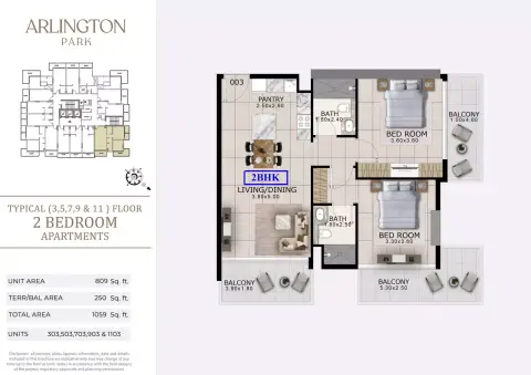 Plattegrond van 2 slaapkamers in Arlington Park