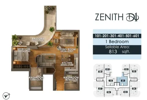 Plattegrond van 1 slaapkamer in Zenith D1