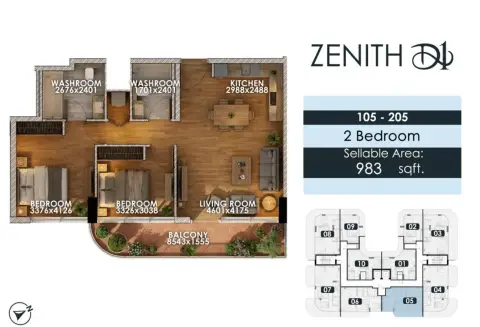 Plattegrond van 2 slaapkamers in Zenith D1
