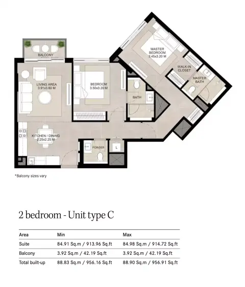 Plattegrond van 2 slaapkamers in The Baltimore