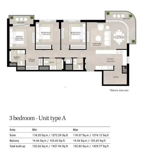 Plattegrond van 3 slaapkamers in The Baltimore