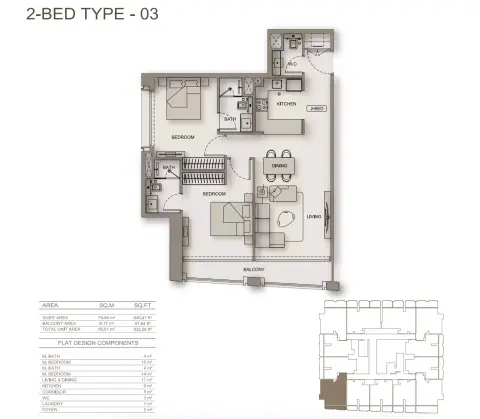 Plattegrond van 2 slaapkamers in Binghatti Moonlight