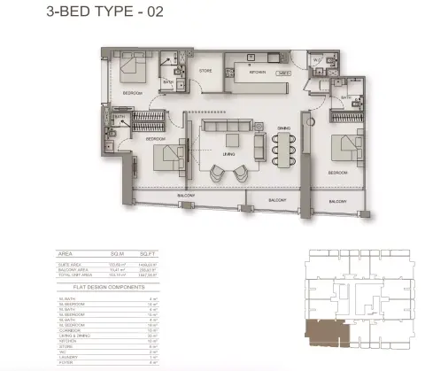 Plattegrond van 3 slaapkamers in Binghatti Moonlight