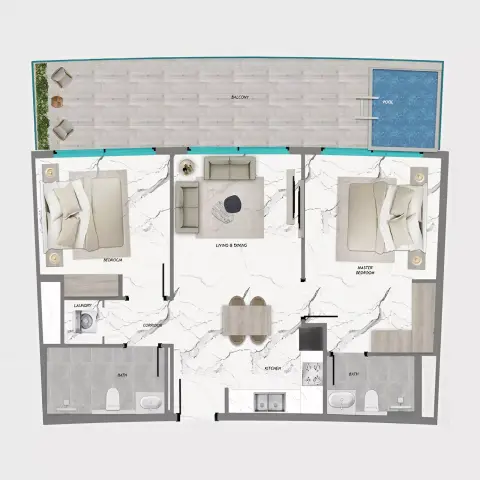 Plattegrond van 2 slaapkamers in Samana Barari Heights