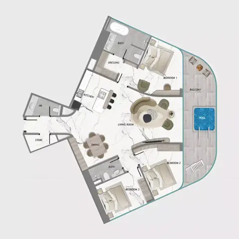 Plattegrond van 3 slaapkamers in Samana Barari Heights