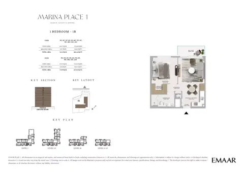 Plattegrond van 1 slaapkamer in Marina Place By Emaar