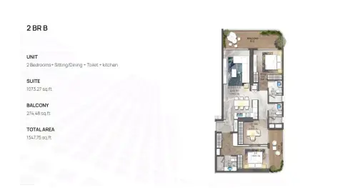 Plattegrond van 2 slaapkamers in Forest City phase 2 By Al Helal Al Zahaby Real Estate
