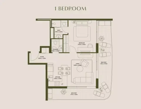 Plattegrond van 1 slaapkamer in Olivia Gardens Residence