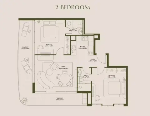 Plattegrond van 2 slaapkamers in Olivia Gardens Residence