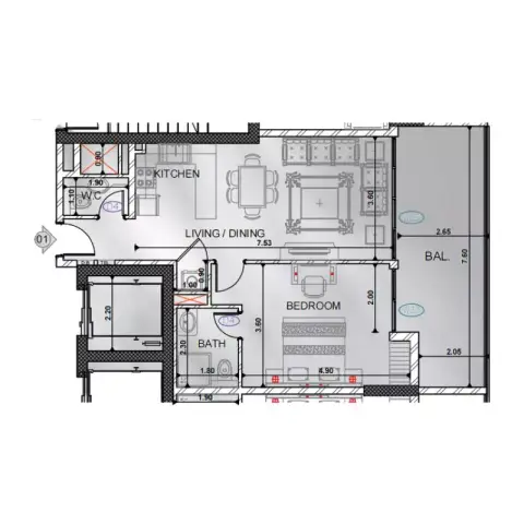 Plattegrond van 1 slaapkamer in Ethan