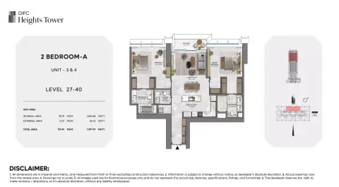 Plattegrond van 2 slaapkamers in DIFC Heights Tower
