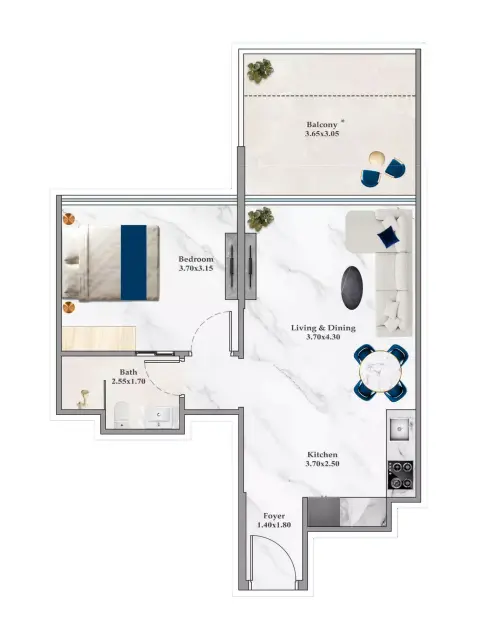 Plattegrond van 1 slaapkamer in Timez By Danube