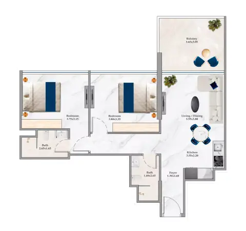 Plattegrond van 2 slaapkamers in Timez By Danube