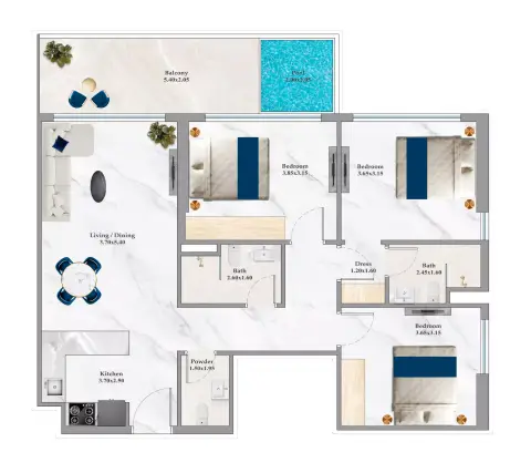 Plattegrond van 3 slaapkamers in Timez By Danube