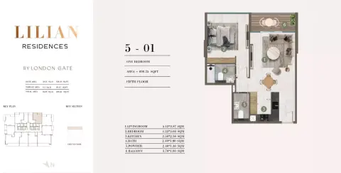 Plattegrond van 1 slaapkamer in Lilian Residences