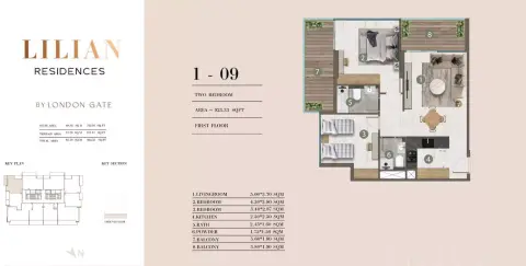 Plattegrond van 2 slaapkamers in Lilian Residences