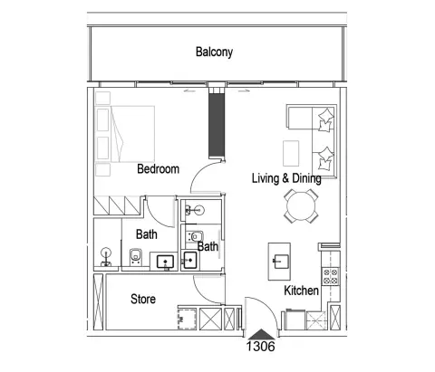 Plattegrond van 1 slaapkamer in 15 Cascade