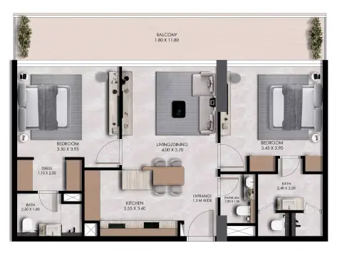 Plattegrond van 2 slaapkamers in Verano By Prescott