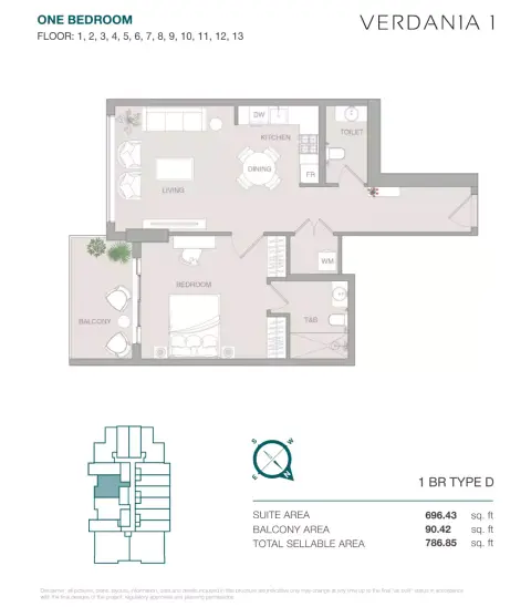 Plattegrond van 1 slaapkamer in Verdan1a 1