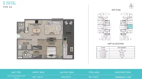 Plattegrond van 1 slaapkamer in Reef 999