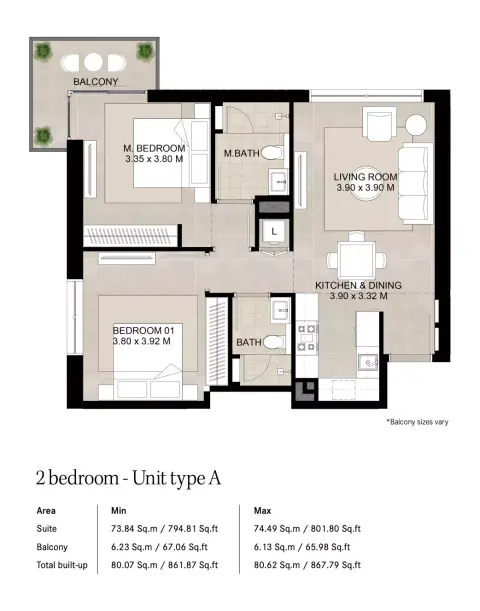 Plattegrond van 2 slaapkamers in Augusta