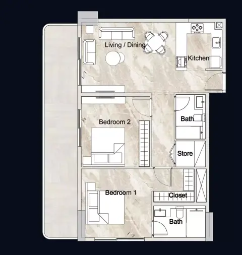 Plattegrond van 2 slaapkamers in Zyra Vista Residence