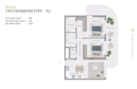 Plattegrond van 2 slaapkamers in Bellagio by Sunrise