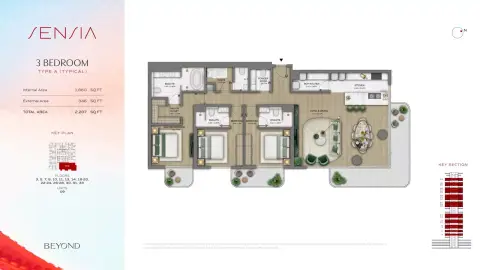Plattegrond van 3 slaapkamers in Sensia by Beyond