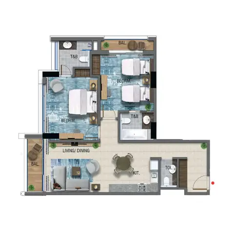 Plattegrond van 2 slaapkamers in Affini Tribute Portfolio Residences
