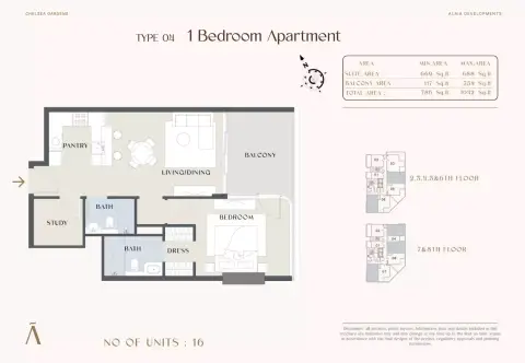 Plattegrond van 1 slaapkamer in Chelsea Gardens